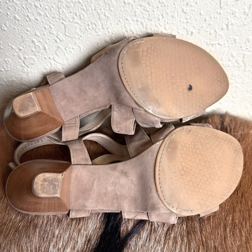 Stuart‎ Weitzman 9 Tan Leather Cone Heeled Cage Ankle Strap Sandals Neutral